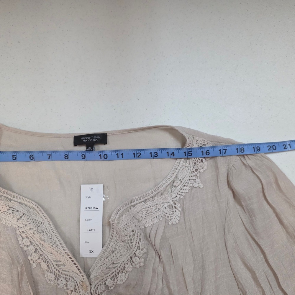 Spense Woman Latte Beige Crochet Lace Trim V-Neck Gauze Blouse 3X NWT - Picture 7 of 8